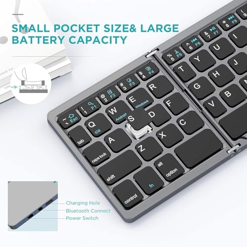 Image of Foldable Bluetooth Keyboard with Touchpad, Rechargeable Slim Travel Tri-Fold Wireless Portable Keyboard, for Tablet, Laptop Black and Silver FOLDPREM88