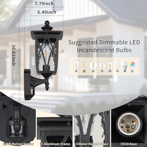 Image of JYO 17 inch Motion Sensor Outdoor Wall Light Fixtures, Anti-Rust Aluminum Wall Sconce with Water Ripple Glass & E26 Socket, Exterior Waterproof Wall Lantern for House Front Door, Porch, Garage(02-BK-MA)