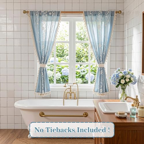 Image of MYSKY HOME Short Boho Floral Tier Curtains 30 Inch Length for Cafe 2 Pcs | Linen Blend Semi Sheer Drapes Rod Pocket Light Filtering with Tassels for Cafe Bathroom over Sink, Dusty Blue, 26 inch Wide