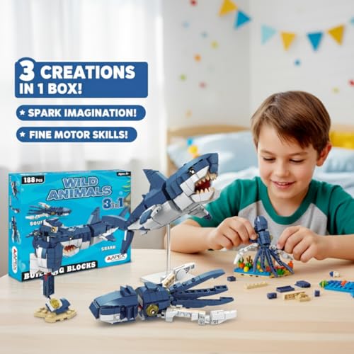 Image of APEX 188 PCS 3-in-1 Ocean Animal Building Blocks Toys for Kids | Squid, Shark & Seahorse Brick Set | STEM Educational Learning Blocks, Birthday Gift for Boys & Girls Age 6+