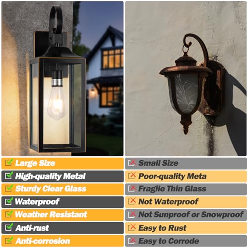 Image of 19 inch Large Outdoor Wall Lights Black with Gold Trim 2 Pack | Black Exterior Light Fixtures, Modern Wall Sconces, Waterproof Porch Lights Outdoor Lighting for House Garage Entryway