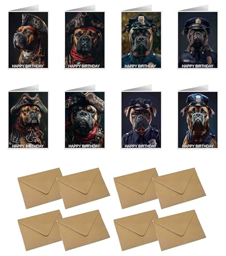 Cartes d'anniversaire Bullmastiff avec enveloppes | Lot de 8 cartes réalistes 10x15 cm