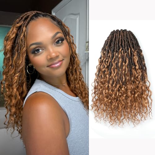 ToyoTress Boho Human Hair Locs - 12 Inch 8 Packs Ombre Brown Handmade Pre-Looped Crochet Hair For Black Women, Short Boho Butterfly Faux Locs With H...