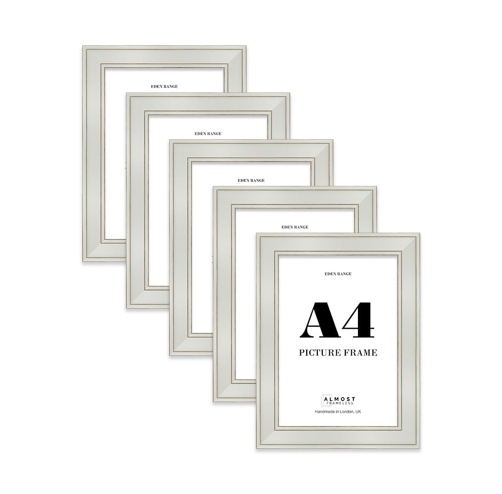 A4 Light Grey Picture Frame - Shabby Chic Photo Frame with Distressed Finish, Gold Trim, Wall Hooks and Kickstand, 37mm Edge - 5 Pack
