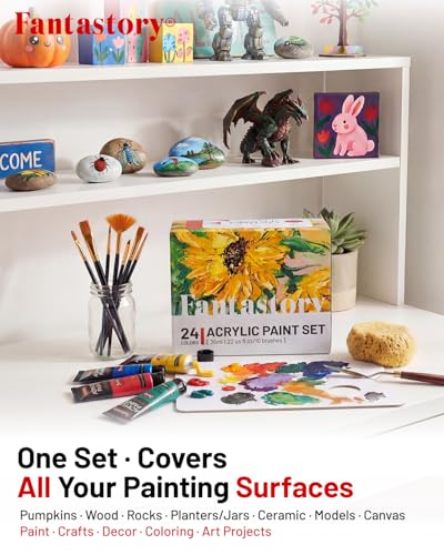 Image of Fantastory 36ml 24 Colors Acrylic Paint Set with 10 Brushes | Excellent Coverage, High Light Fastness, Waterproof, Includes Extra White & Gold, for Canvas, Wood, Ceramics, Models