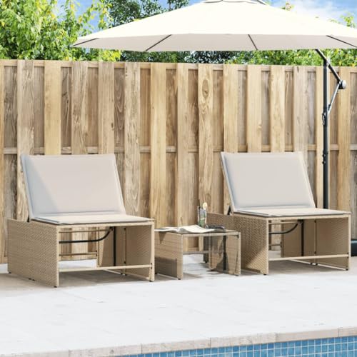 Mandloder Sonnenliegen 2 STK. mit Tisch Beige Poly Rattan, Relaxsessel...