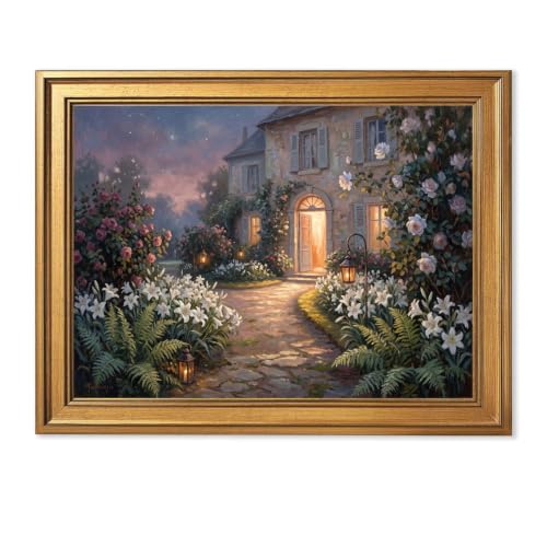 Gold Vintage Framed Cottage Garden Wall Art, Evening Floral Home Decor