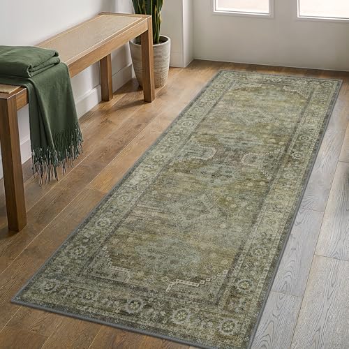 GENIMO Runner Rug 2x6 Non Slip Machine Washable Vintage Hallway Runner Rugs, Low Pile Lightweight Mat for Living Room, Entryway, Bedroom, Kitchen and Corridor, Distressed Sage