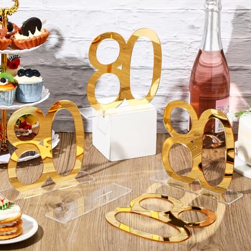 Image of Threehoney 6 Pcs Mirror Gold 80th Birthday Decorations for Men and Women Acrylic Anniversary Decorations Table Numbers Centerpieces for Birthday Party