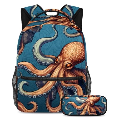Monstre marin pieuvre vintage sac à dos et trousse pour l'école primaire