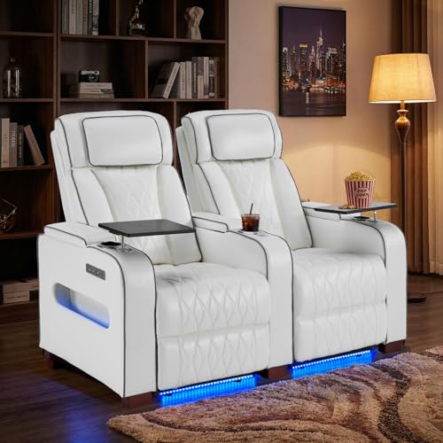 Image of Luxury Home Theater Seating - Power Recliner with Adjustable Headrests, Blue LED Ambient Lighting, Tray Table, USB & Type-C Charging (Pure White,2 Seat)