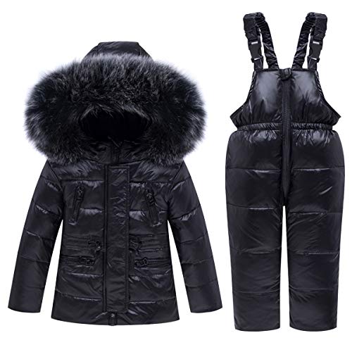 Kids Ski Suits 2-Piece Snowsuit Set Winter Hooded Puffer Jacket + Snow Bib Pants Ultralight Skisuit Set, Black 2-3 Years