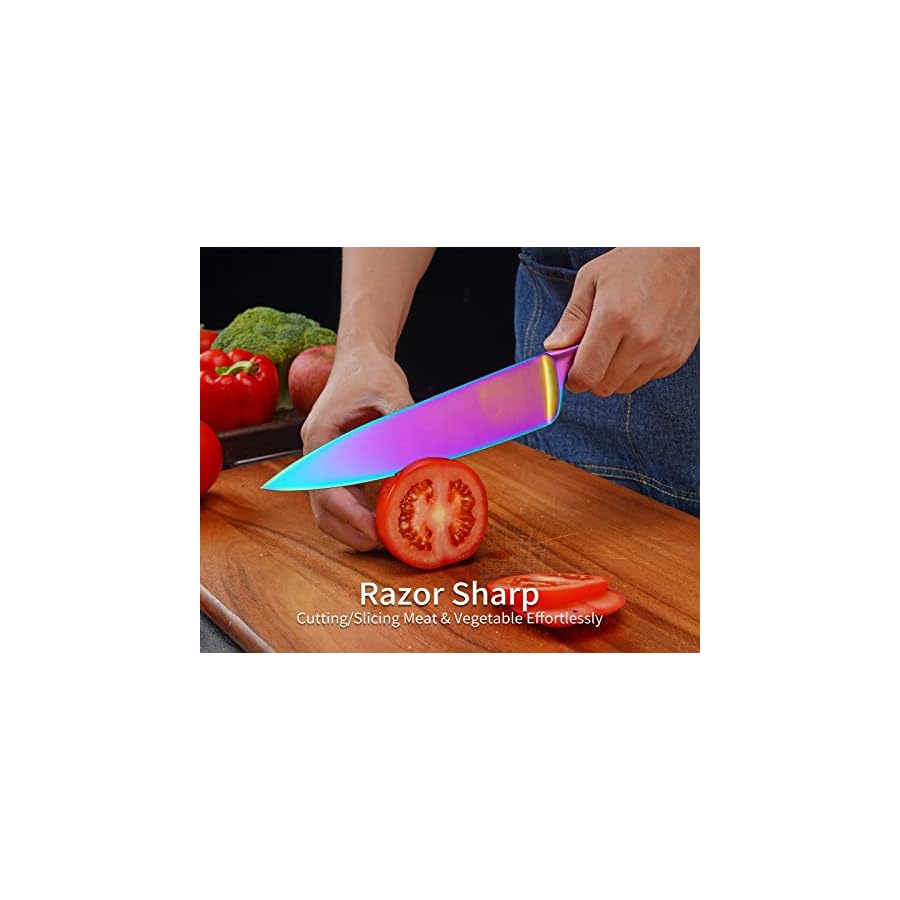 Rainbow Knives Block Set 6 Pieces, Iridescent German High Carbon Stainless Steel Kitchen Knives Pack with Magnetic Knife Display Rack