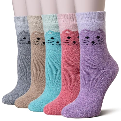 Image of Velice Wool Socks for Women Merino Wool Boot Hiking Thick Thermal Warm Winter Crew Cushion Cozy Work Socks 5 Pairs