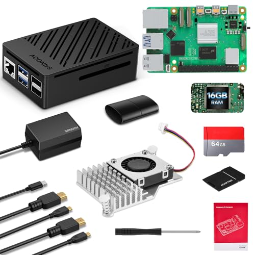 SANOOV Raspberry Pi 5 16GB Kit Complete Starter Kit with Active Cooler ABS Case 64GB SD Card Kit 27W GaN Power Supply Dual 4K HDMI Cables 16GB RAM Single Board Computer for IoT Robotics Retro Gaming