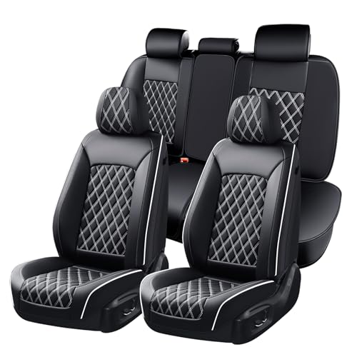Image of Huidasource Universal Car Seat Cover, Car Seat Cover Set Nappa Leather Universal Fit for Most Cars, Vans, Trucks, SUVs, Compatible with Airbags, Seat Covers Velcro Adjustable (Full Set /Black&White)