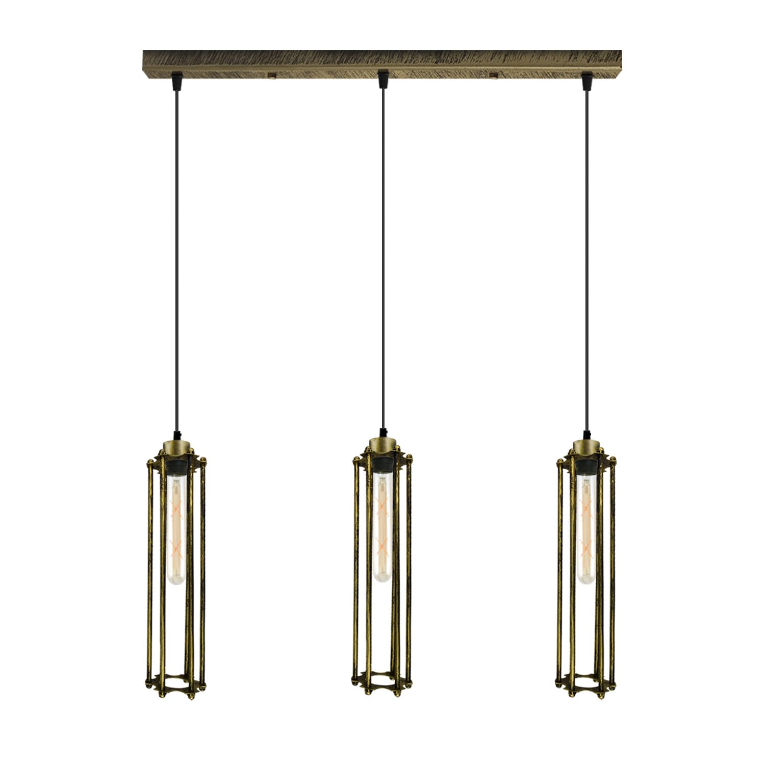 LEDSone Vintage Industrial-3 Head Ceiling Light Fitting E27 Base Adjustable Cord 8cm Long Wire cage Pendant lamp for Living Room,Home,Restaurant (Rectangle Base - Brushed Copper Holder, with Bulb)