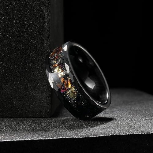 King Will 8mm Mens Silver/Black Tungsten Carbide Ring for Men Nature Koa Wood Inlay/Galaxy Opal Inlay Wedding Bands Hammered Multi-Faceted Wedding Band3