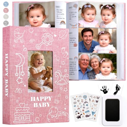 Yatosally Baby Photo Album 4x6 300 Pockets with Memo Area, Photo Stickers & Hand and Footprint Kit, Linen Cover Baby Memory Book with Front Window, First Year Keepsake for Newborn Boy Girl