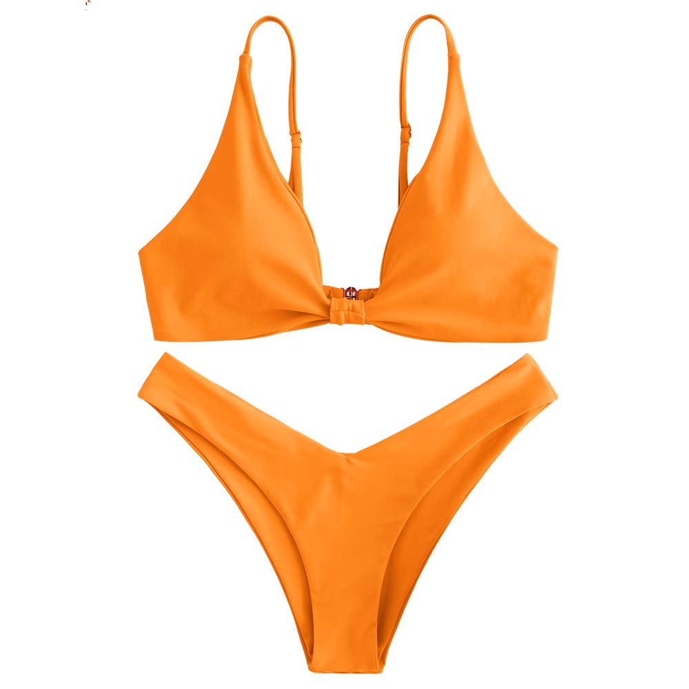 ZAFUL Women's Tie Knot Front Spaghetti Strap High Cut Bikini Set Swimsuit (0-Orange, M)