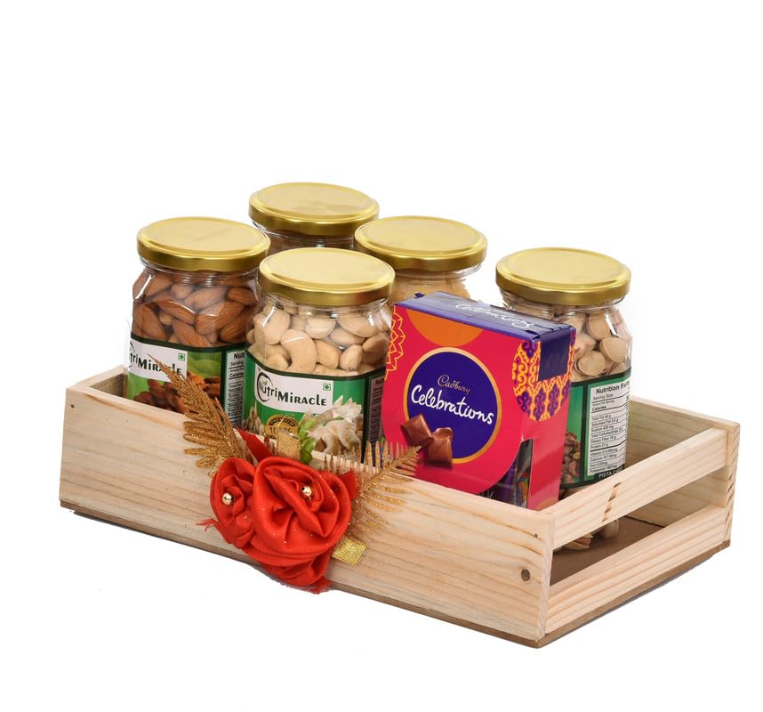 Image of NUTRI MIRACLE Diwali Gift Hamper Dry Fruits Chocolates Nuts Laddu Candles for Staff & Colleagues