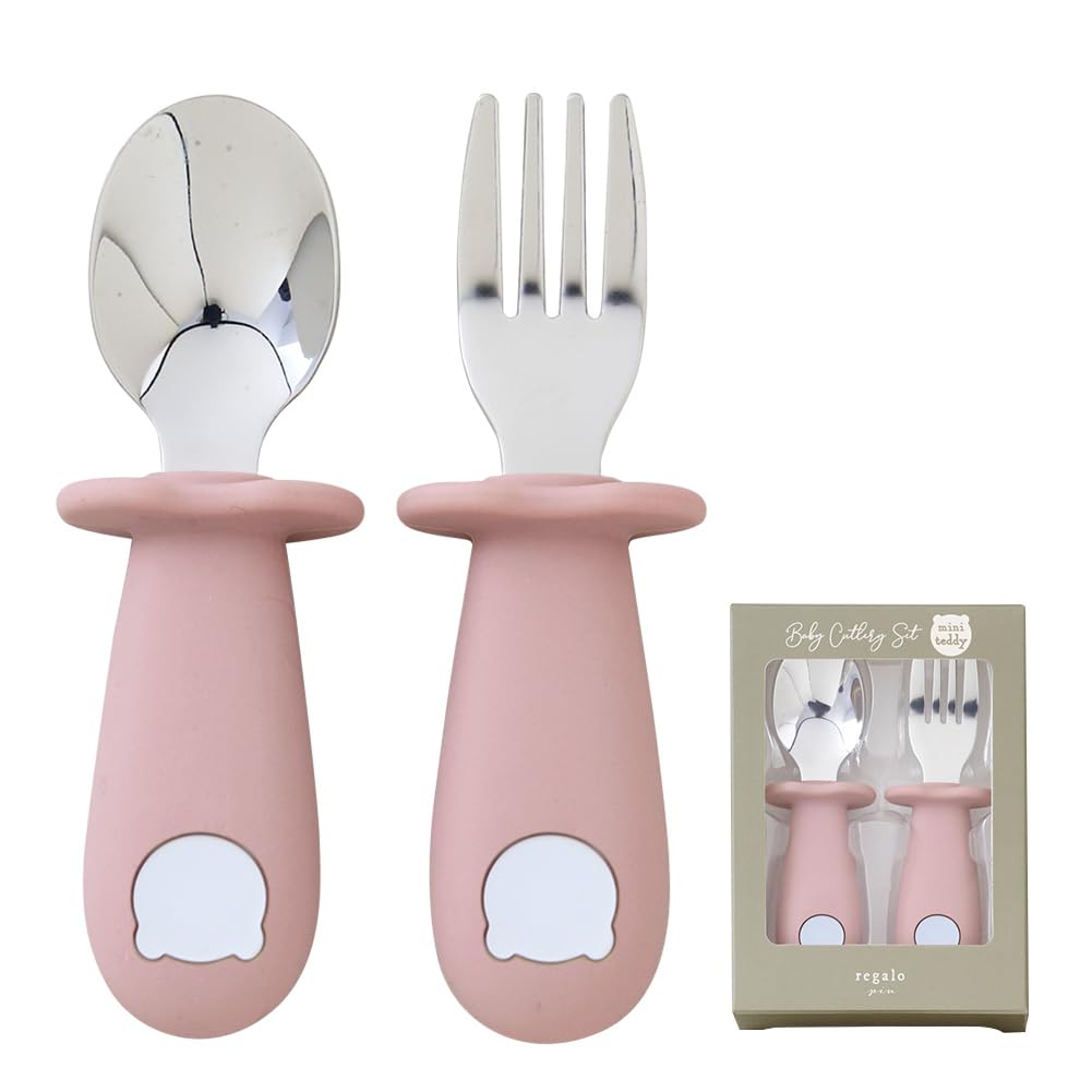 regalo 赤ちゃん用 スプーン フォーク セット 離乳食 ベビー 自分で食べる 握りやすい 練習 10ヵ月以上 SUS316Lステンレス ベビーカトラリーセット (アッシュローズ(テディ))