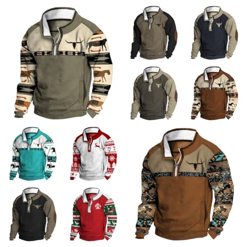 Western Cowboy Graphic Sweatshirts for Men Quarter Zip with Pockets Big and Tall Heavy Collared Fleece Pullover4