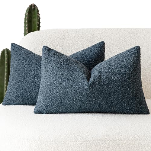 Image of Foindtower Pack of 2 Modern Textured Boucle Throw Pillow Covers Accent Solid Decorative Lumbar Pillow Cases Cozy Couch Cushion Case for Chair Sofa Bedroom Living Room Home Decor, 12 x 20 Inch,Blue