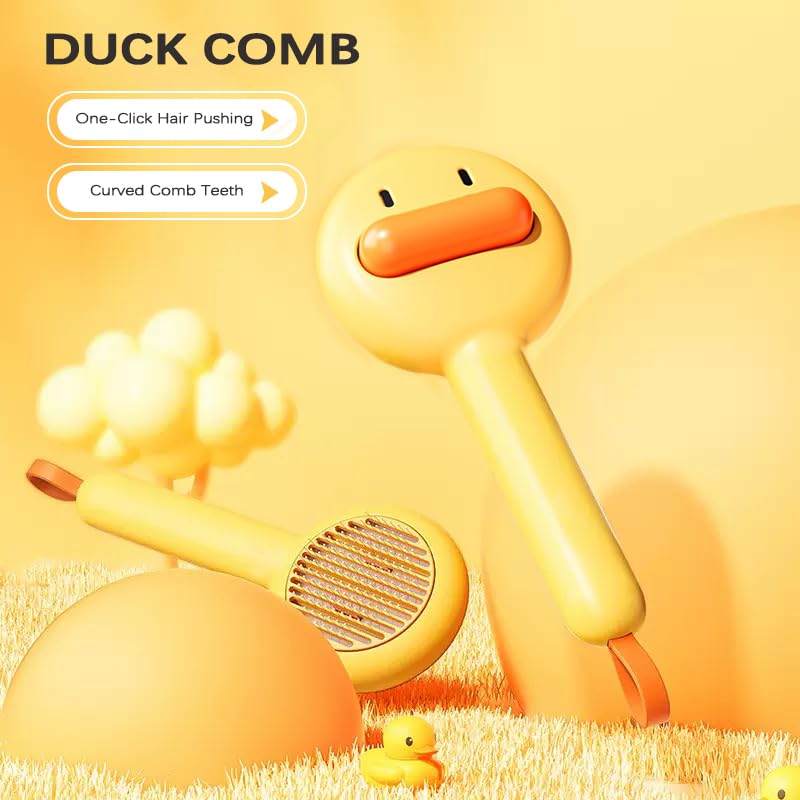 Luckieco Self-Cleaning Pet Grooming Brush with 140 Bent Teeth – Cute Duck Slicker Brush for Cats & Dogs, Gentle Deshedding Tool Removes Loose Fur Easily image 2