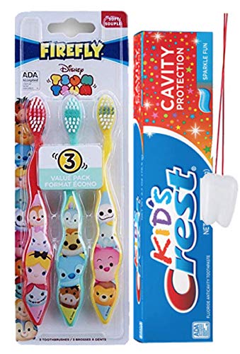 Firefly Disney Tsum Tsum Toothbrushes - Three (3) Toothbrushes with Colorful Tsum Tsum Designs bundle with Crest Kids Sparkle Fresh Toothpaste