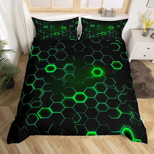 Manfei Honeycomb Duvet Cover,Neon Green Hexagon Abstract Print King Size Duvet Cover for Kids Adults,Modern Geometric Artistic Soft Comforter Cover(No Filler) with Zipper Closure