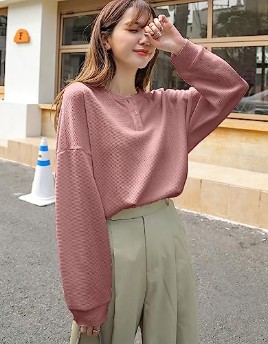 Image of Women's Waffle Button Down Neck Korean Tops for Women || Oversized t Shirts for Women || Long Sleeve Tops