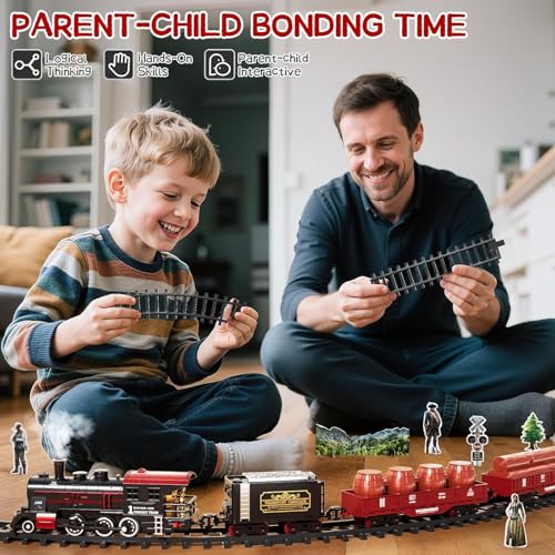 Image of Classic Retro Steam Train Set for Kids with Real Smoke, Lights & Sound | Rechargeable Electric Railway Toy with 155cm DIY Track & Cargo Coaches | Gift for Boys & Girls 3-8 Years