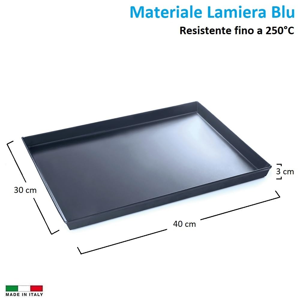 Paluplus 3 Teglie Rettangolari da Forno in Lamiera Blu, Misura 30x40, Placca con orlo alto 3 cm Svasato, Teglia professionale per Pizza, Focaccia, Biscotti, Pane, Made in Italy -3003F