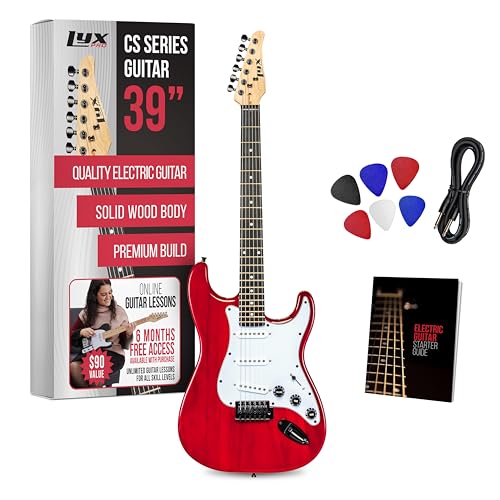 Image of LyxPro CS 39 inch Electric Guitar Stratocaster Kit for Beginner, Intermediate & Pro Players with Guitar, Amp Cable, 6 Picks & Learner's Guide | Solid Wood Body, Volume /Tone Controls, 5-Way Pickup - Red