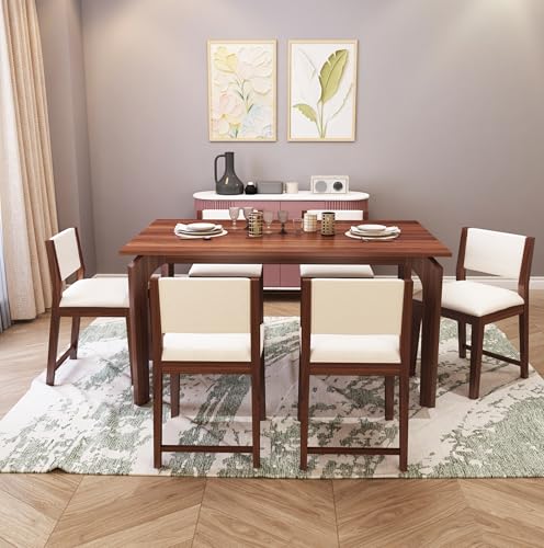Image of MURALICRAFT Sheesham Wood 57 inch Dining Table 6 Seater | Six Seater Dinning Table Set with 6 Upholstered Dining Chairs | Table Top: Premium Sheesham Wood | Chair: Curved Design | Easy Assembly, Walnut