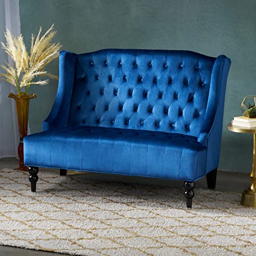 PETALORE Tufted Velvet Sofa Navy Blue Wingback Loveseat High Back Couch