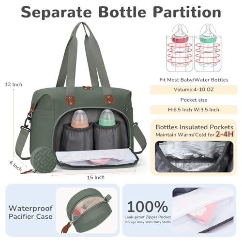 Image of Tenot Diaper Bag Tote with Pacifier Case, Baby Bag for Women with Shoulder Straps, Travel Diaper Tote for for Mom and Dad Medium Size, Green