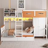 Twin Over Full Bunk Bed with Drawers, Shelves and LED Light, Wooden Bunk Bed Frame with Wardrobe, White+Orange