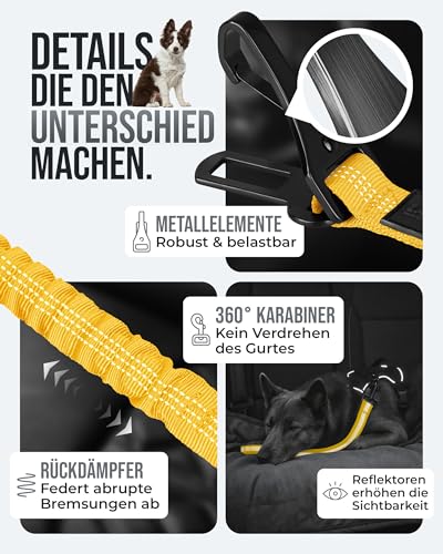 ZAUBERPFOTE Hundegurt 'Argo‘ fürs Auto – Verstellbarer Sicherheitsgurt mit Rückdämpfung & ISOFIX Anschluss – Anschnallgurt für alle Hunderassen (Gelb, Gr. S)