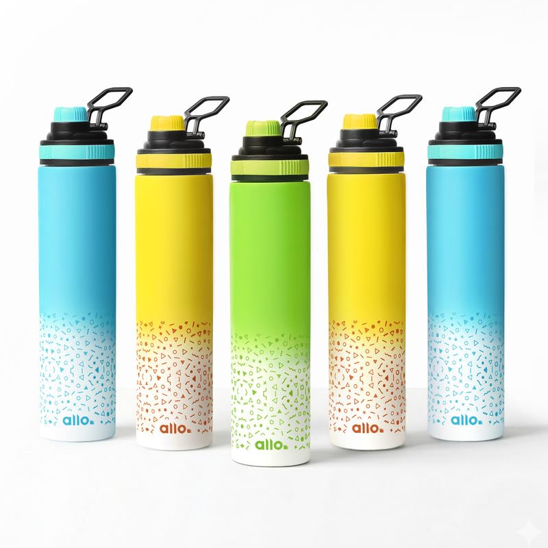 Image of Allo Stainless Steel Water Bottle For Adults, Kids 850ml for School, Office, Sports, Gym 850ml Water Bottle For Men And Women, Pack Of 5| Leak Proof, Bpa Free, Green White, Yellow White, Blue White