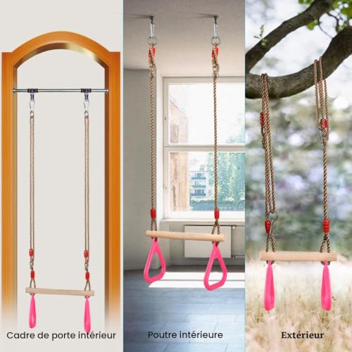 Trapèze Balançoire en Bois Ajustable avec Anneaux Jeux pour Enfants – vue 6