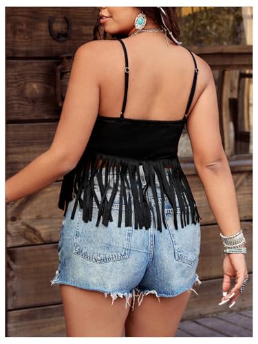 SOLY HUX Women's Plus Size Fringe Studded Western Top Deep V Neck Sleeveless Cowgirl Camisole Tops2