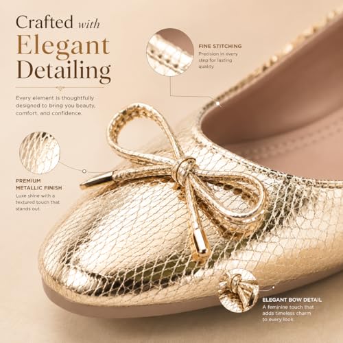 Image of Women's Gold Ballet Flats | Pointed Toe Metallic Dress Shoes with Bow Detail | Comfortable Slip On Flat Shoes for Wedding, Party, Office & Formal Events