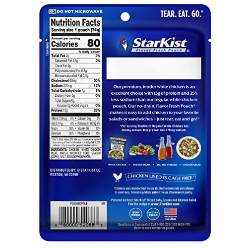 Image of StarKist 25% Less Sodium Premium White Chicken, 2.6oz Pouch, 1-Pack | 13g Protein Per Serving, Fully Cooked White Meat, Gluten Free, No Draining, Ready to Eat for Salad and Sandwiches