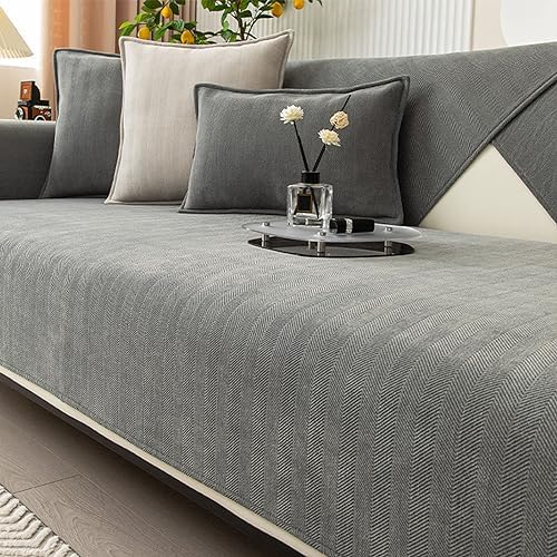 Funny Sofa Cover, Fuzzy Couch Cover, Herringbone Chenille Fabric Furniture Protector Sofa Cover, Cosy Solid Colour Non-Slip Couch Cover (Grey,90 * 70cm)