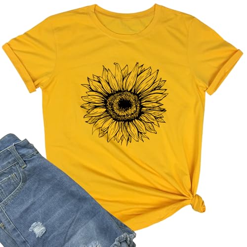 BLACKOO Women Cute Sunflower Graphic Tee Shirts Yellow Small
