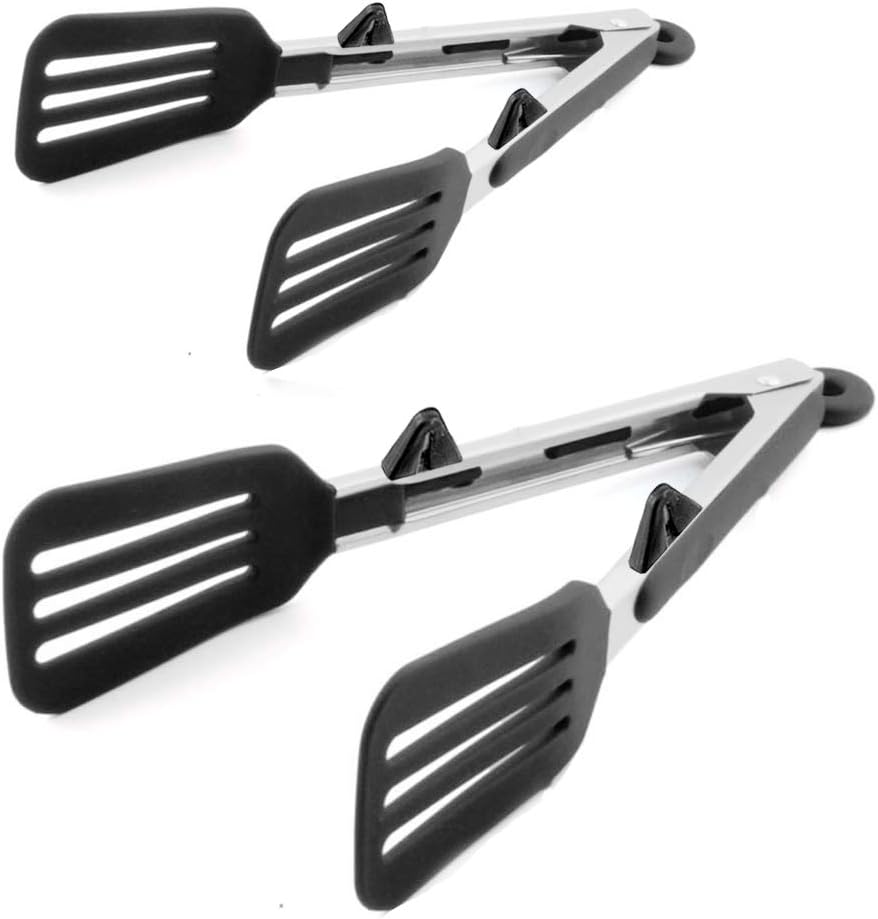 Kitchen Tongs 9 inches and 12 inches Fish Spatula Stainless Steel Locking with Silicone Tips Cooking Salad Buffet BBQ Serving Tongs Heat Resistant Meat Turner Spatula Tongs, Black Kitchen Tongs 9 inches and 12 inches Fish Spatula Stainless Steel Locking with Silicone Tips Cooking Salad Buffet BBQ Serving Tongs Heat Resistant Meat Turner Spatula Tongs, Black