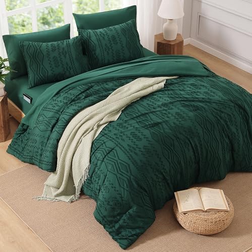 Image of AMBERSPACE Queen Comforter Set Emerald Green, Tufted Boho Bedding Farmhouse Dark Green Bed Set, All Season 7 Pieces Bed in a Bag with Sheets, Pillowcases & Shams