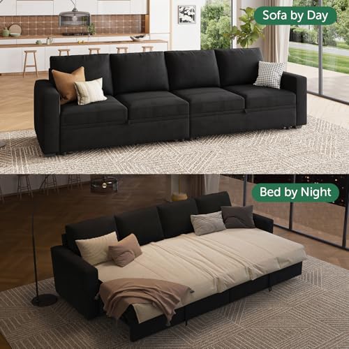 Image of HONBAY Modular Sectional Sleeper Sofa Bed, with Pull Out Bed, Linen Convertible Sectional Couches for Living Room - Black